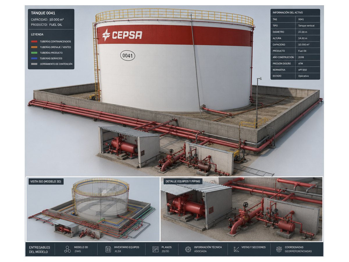 Modelo 3D y ficha técnica de un tanque de almacenamiento